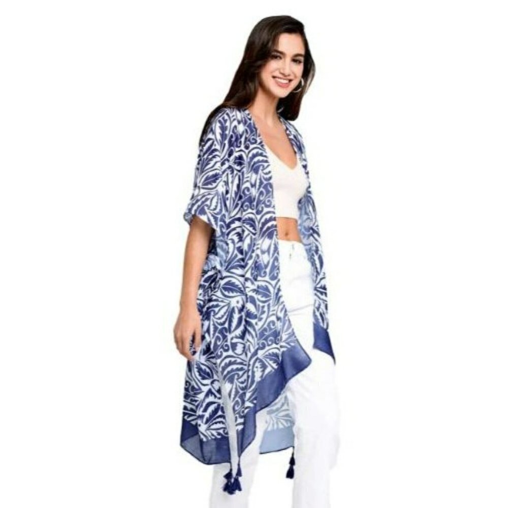 Floral Paisley Print Kimono with Tassel Fringe Boho‎ Cover Up  Poncho Beachwear